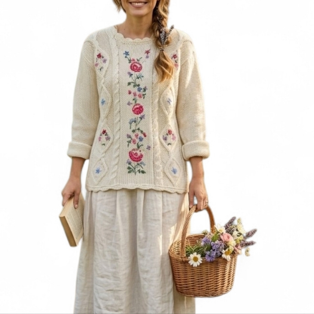 Vintage Bobbie Brooks Hand Knitted Floral Embroidered Sweater
